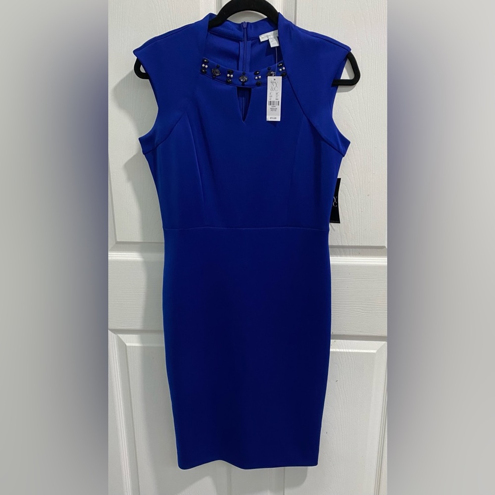 New York & Co. Embellished Scuba Sheath Dress. Color Amplified Blues. Size MP.